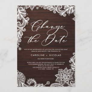 Change the Date Lace Rustic Wood Postponement Invitation