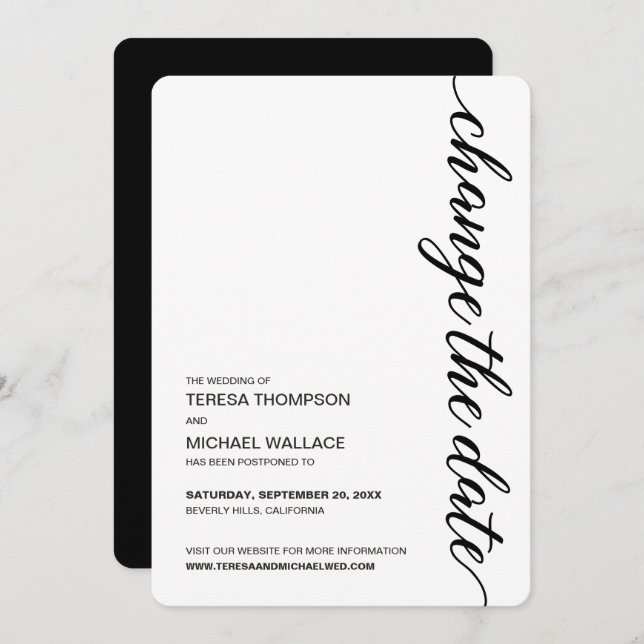 "Change the Date" Minimalist Black and White Wedd Invitation (Front/Back)