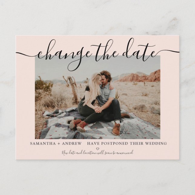 Change the date modern blush typography photo announcement postcard (Front)