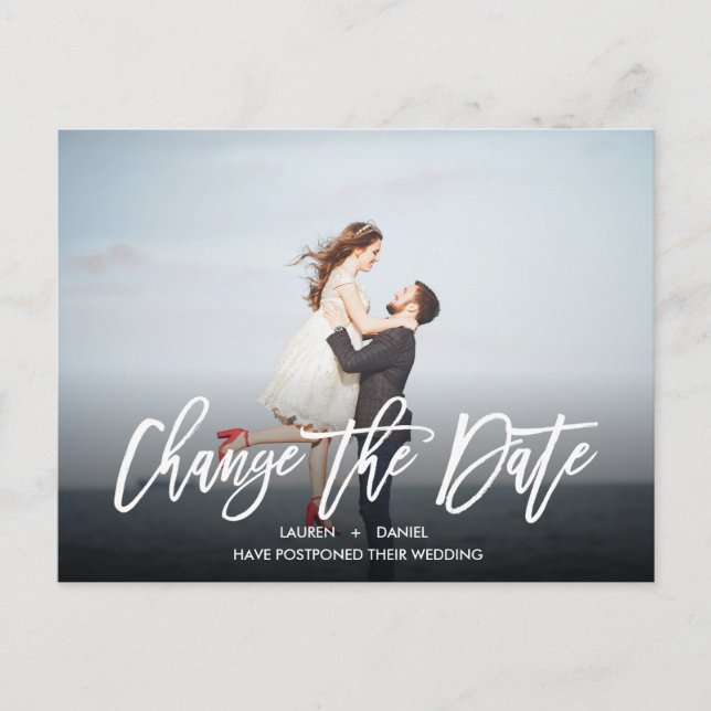 CHANGE THE DATE Modern calligraphy landscape photo Announcement Postcard (Front)