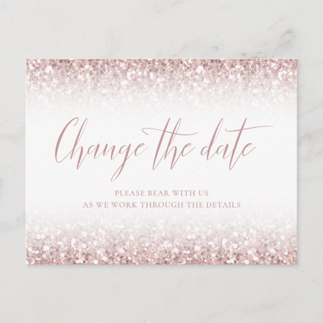 Change The Date Modern Calligraphy Pink Glitter Postcard (Front)