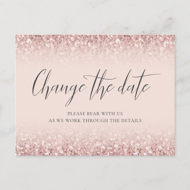 Change The Date Modern Calligraphy Pink Glitter Postcard (Front)