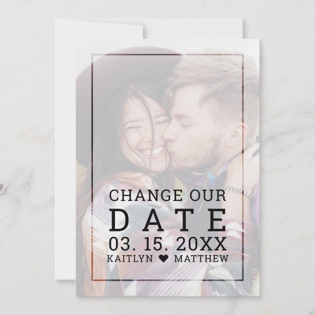 Change the Date Modern Photo Black Script Wedding Save The Date (Front)