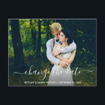 Change The Date Modern Trendy Script New Date Postcard<br><div class="desc">Modern Trendy Script Change The Date Wedding Postponement New Wedding Date Couple Photo Postcard</div>