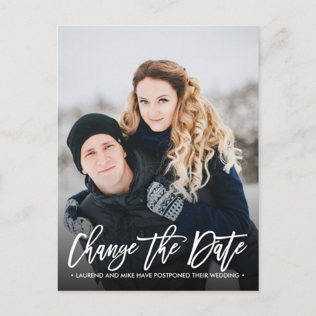 CHANGE THE DATE Modern typography vertical photo Announcement Postcard (Front)