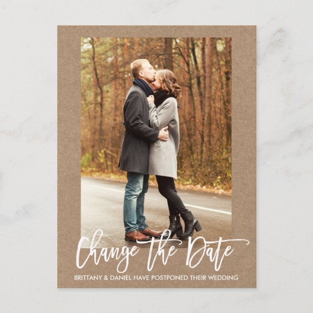 Change The Date Photo Brush Script Kraft Postcard (Front)