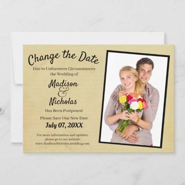 Change the Date Photo Wedding Tan Brown Parchment Save The Date (Front)