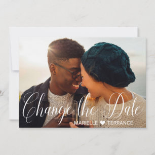 Change the Date Photo White Script Wedding Announcement