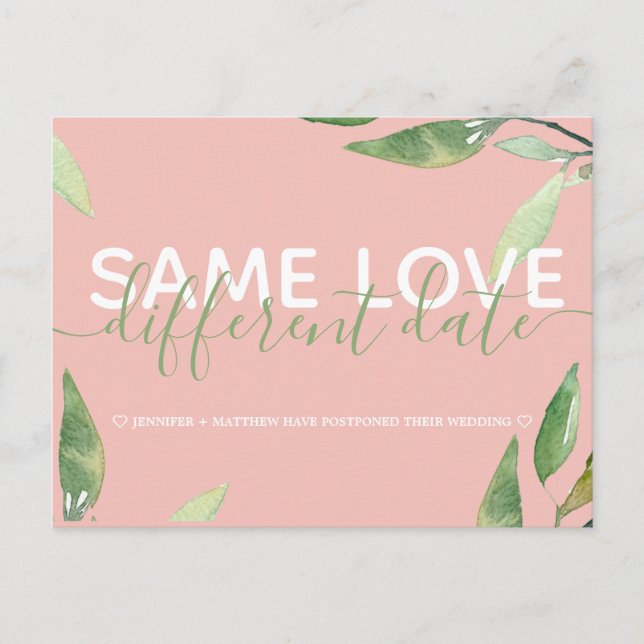 Change the Date Pink Botanical Wedding Announcement Postcard (Front)