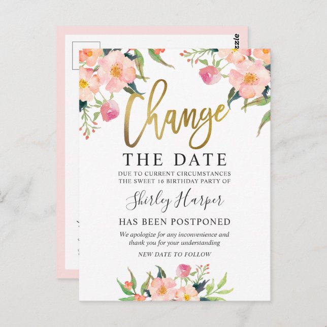 Change The Date Pink Floral Gold Script Postcard (Front/Back)