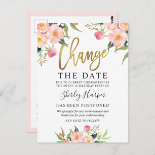 Change The Date Pink Floral Gold Script Postcard