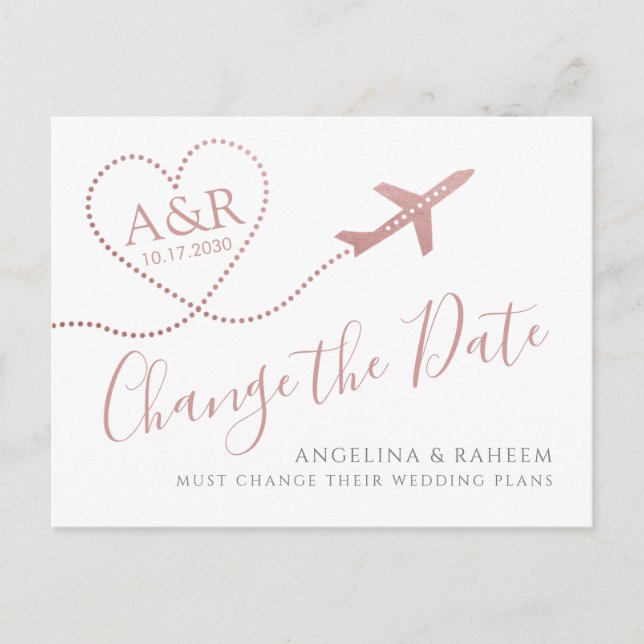 Change the Date Pink Gold Destination Wedding Announcement Postcard (Front)