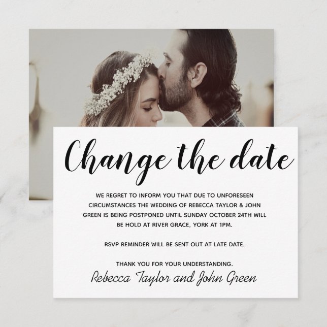 Change the date postpone Wedding Simple Photo Card (Front/Back)
