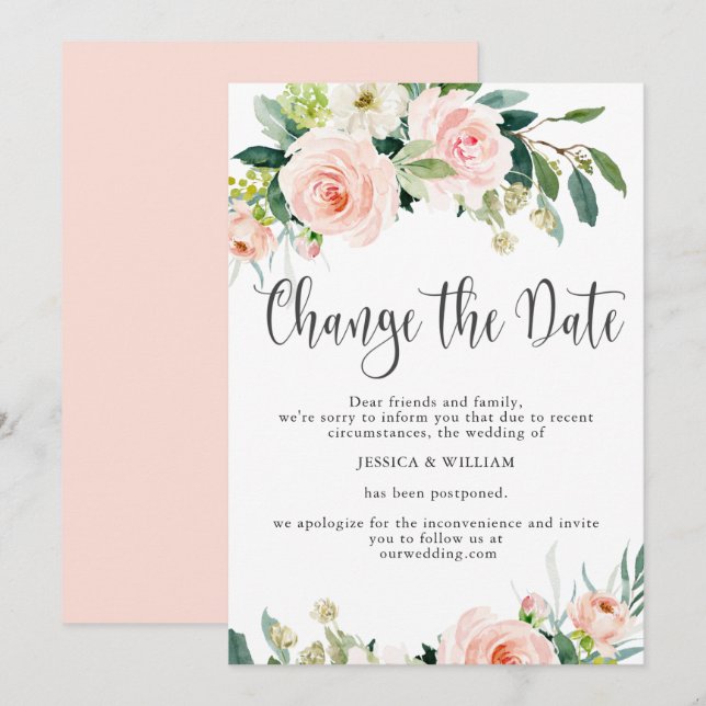Change the Date Postponed Blush Roses Wedding Invitation (Front/Back)