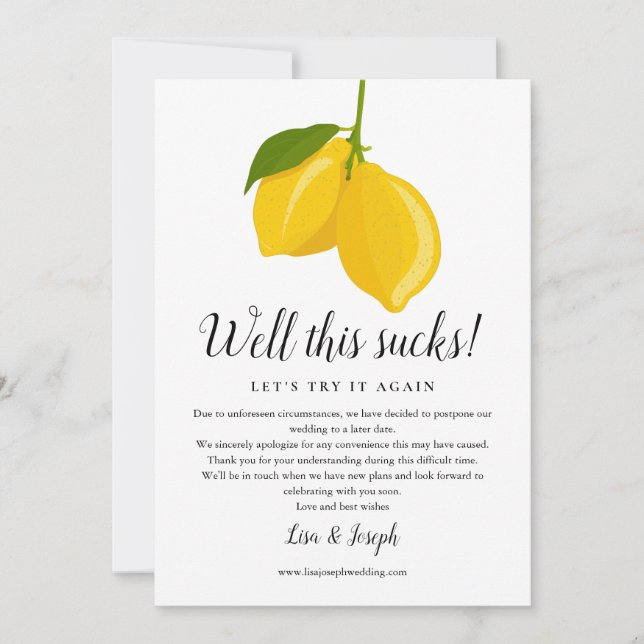 Change the Date Postponed Cancelled Lemons Photo Save The Date (Front)