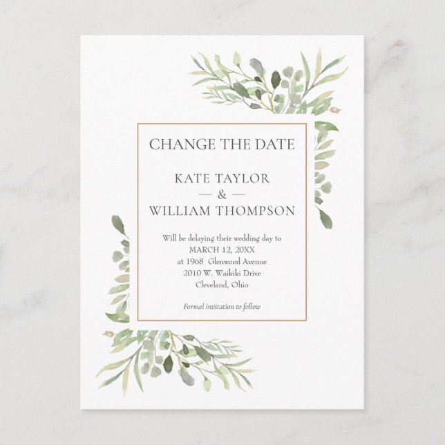 Change the Date Postponed Watercolour Greenery Invitation Postcard (Front)