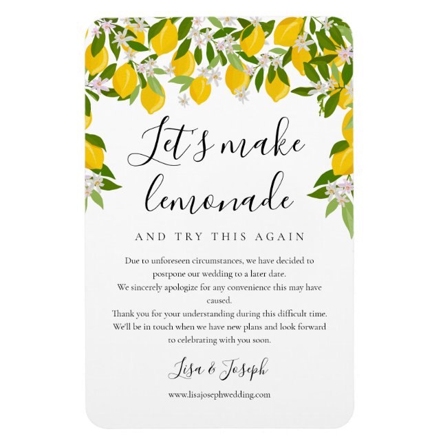 Change the Date Postponed Wedding Greenery Lemons Magnet (Vertical)