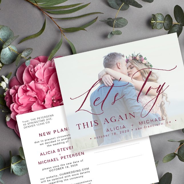 Change the date postponed wedding photo save date announcement postcard (Creator Uploaded)