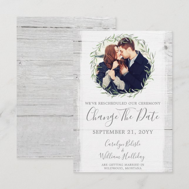 Change The Date Rustic Rescheduled Wedding Card (Front/Back)