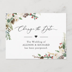 Change the Date Rustic Winter Floral Postponed Postcard