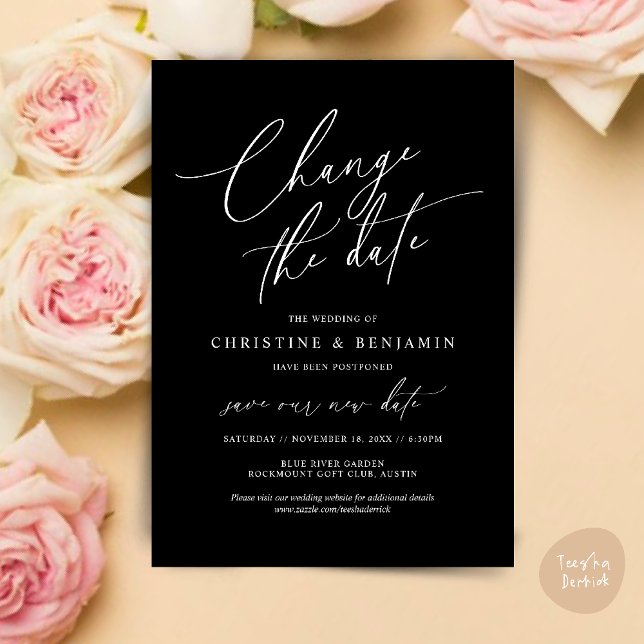 Change the date, Save our new wedding date card (Change the date, Save our new wedding date modern romantic card in Classy Black White)