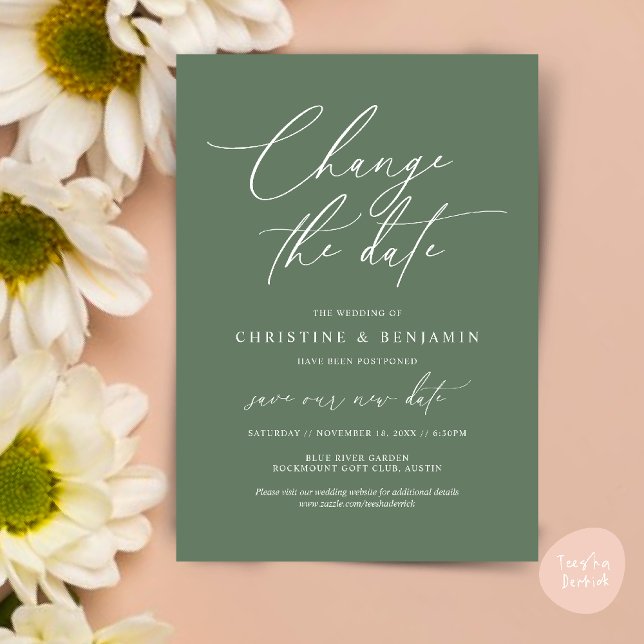 Change the date, Save our new wedding date card (Change the date, Save our new wedding date modern romantic card in Sage Green)