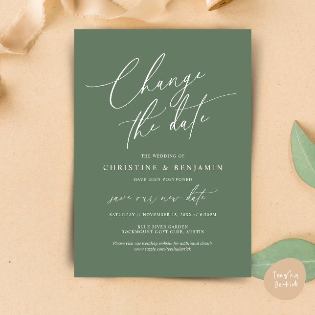 Change the date, Save our new wedding date card (Change the date, Save our new wedding date modern romantic card in Sage Green)