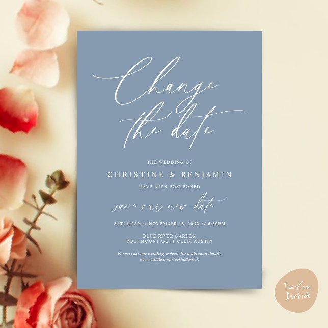 Change the date, Save our new wedding date card (Change the date, Save our new wedding date modern romantic card in Dusty Blue)