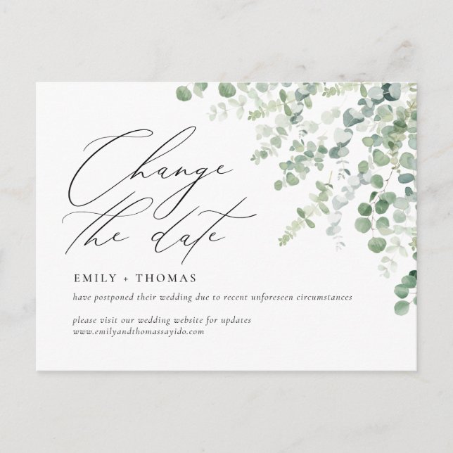 Change the Date Script Eucalyptus Watercolor Postcard (Front)