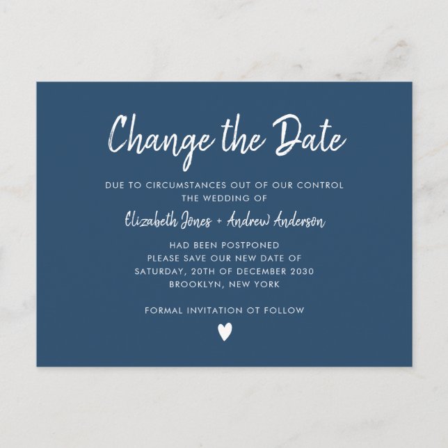 Change the Date Script Minimalist Modern Navy Blue Announcement Postcard (Front)