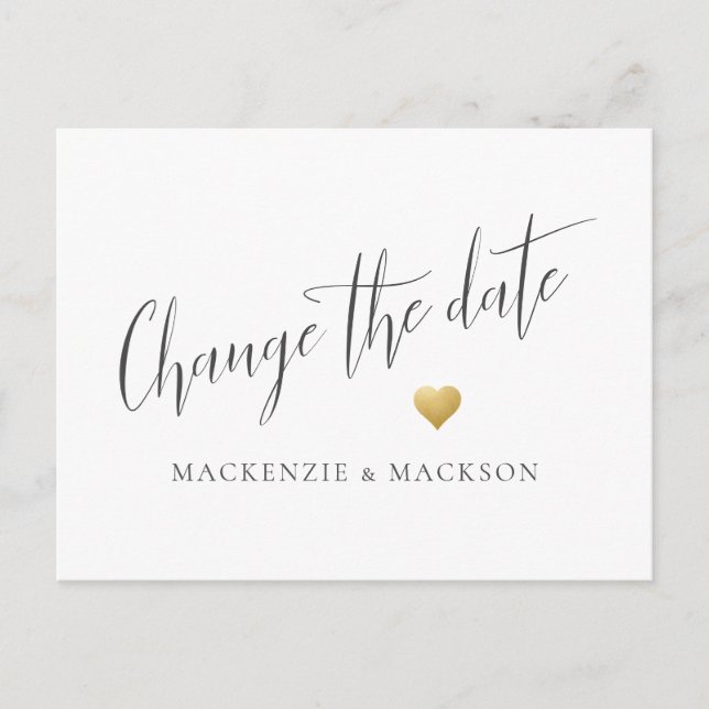 Change the Date Simple Gold Heart Wedding Announcement Postcard (Front)