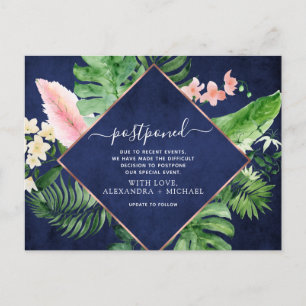 Change the Date Tropical Postponed Navy Blue Announcement Postcard