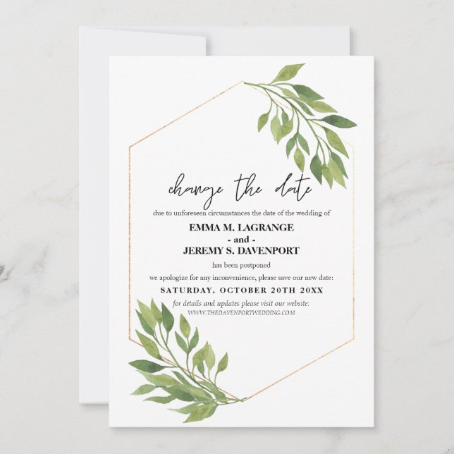 Change the date wedding Greenery and gold frame Save The Date (Front)