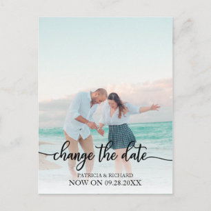 Change The Date Wedding Postponed Black Script Postcard