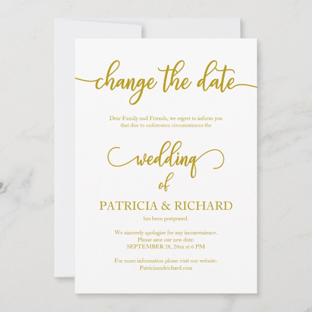 Change The Date Wedding Postponed Elegant Gold Invitation (Front)