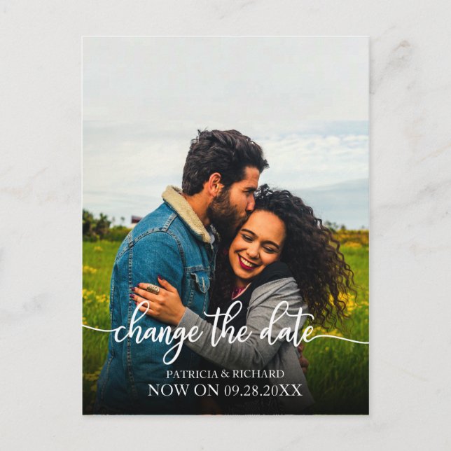 Change The Date Wedding Postponed Elegant  Script Postcard (Front)