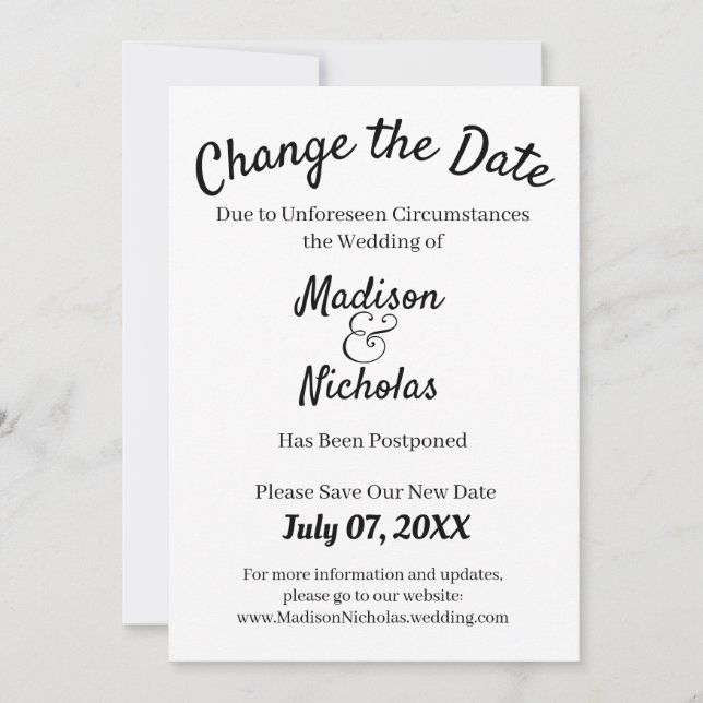 Change the Date Wedding Postponed Minimalist White Save The Date (Front)