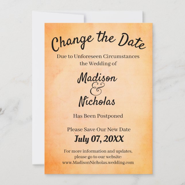 Change the Date Wedding Postponed Orange Parchment Save The Date (Front)