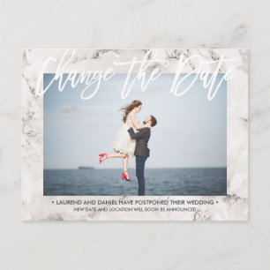 CHANGE THE DATE White Marble calligraphy photo Announcement Postcard