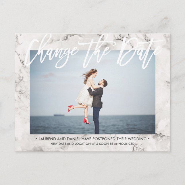 CHANGE THE DATE White Marble calligraphy photo Announcement Postcard (Front)