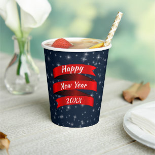 Change Year Text Happy New Year 20xx Red Ribbon Paper Cups
