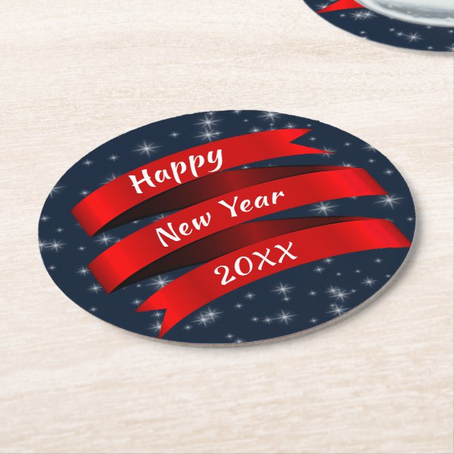 Change Year Text Happy New Year 20xx Red Ribbon Sq Round Paper Coaster (Angled)