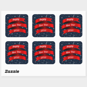 Change Year Text Happy New Year 20xx Red Ribbon Square Sticker