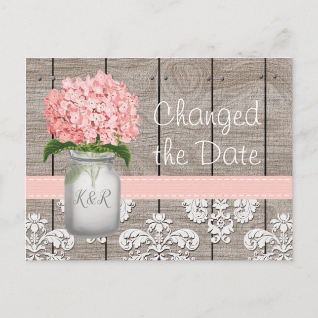 Changed the Date Monogram Pink Hydrangea Mason Jar Postcard (Front)