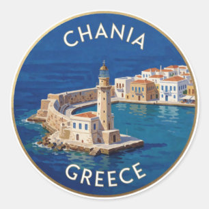 Chania Greece Venetian Harbour Lighthouse Travel Classic Round Sticker
