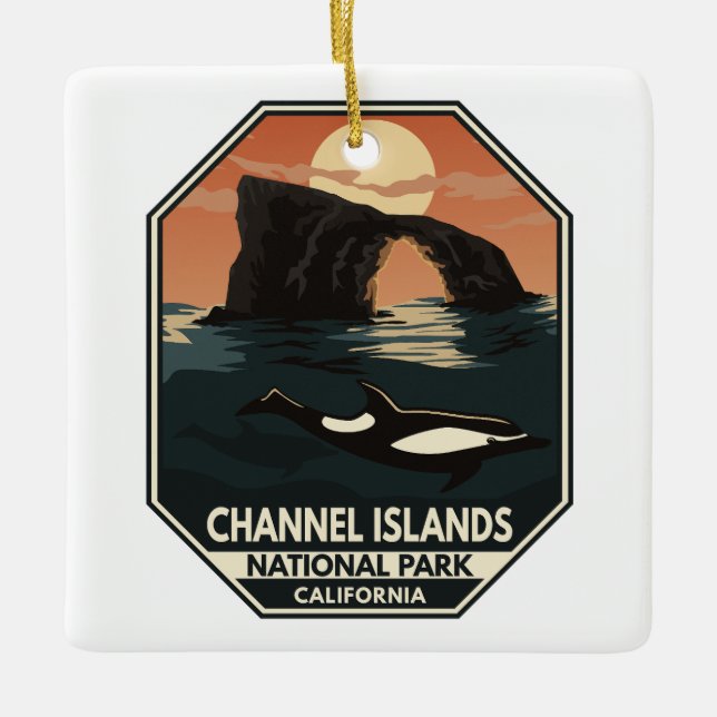 Channel Islands National Park Dolphin Retro Emblem Ceramic Ornament (Front)