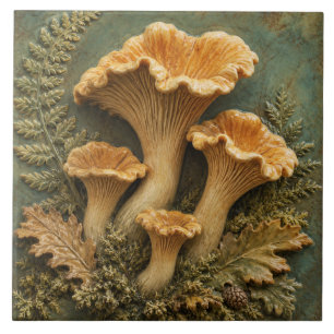Chanterelle Mushrooms and Woodland Ferns Ceramic Tile