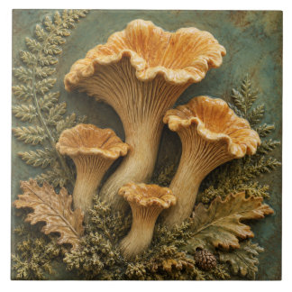 Chanterelle Mushrooms and Woodland Ferns Ceramic Tile