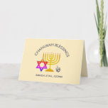 Chanukah Blessings | BARUCH ATAH ADONAI | Hanukkah Card<br><div class="desc">Stylish, modern CHANUKAH Greeting Card. Design shows a gold coloured MENORAH with multicolored STAR OF DAVID and silver grey DREIDEL. At the top there is curved text which says CHANUKAH BLESSINGS and underneath the text reads BARUCH ATAH, ADONAI (Blessed are You, O God). On the inside, there is another menorah...</div>