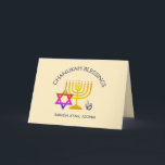 Chanukah Blessings | BARUCH ATAH ADONAI | Hanukkah Card<br><div class="desc">Stylish, modern CHANUKAH Greeting Card. Design shows a gold coloured MENORAH with multicolored STAR OF DAVID and silver grey DREIDEL. At the top there is curved text which says CHANUKAH BLESSINGS and underneath the text reads BARUCH ATAH, ADONAI (Blessed are You, O God). On the inside, there is another menorah...</div>